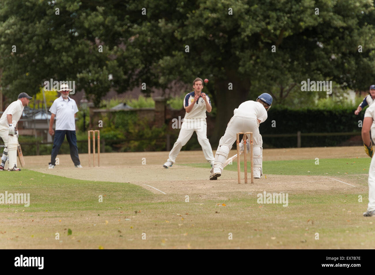 Bowled and caught out cricketers on The Sevenoaks Vine during Cricket week on sunny lazy afternoon Stock Photo