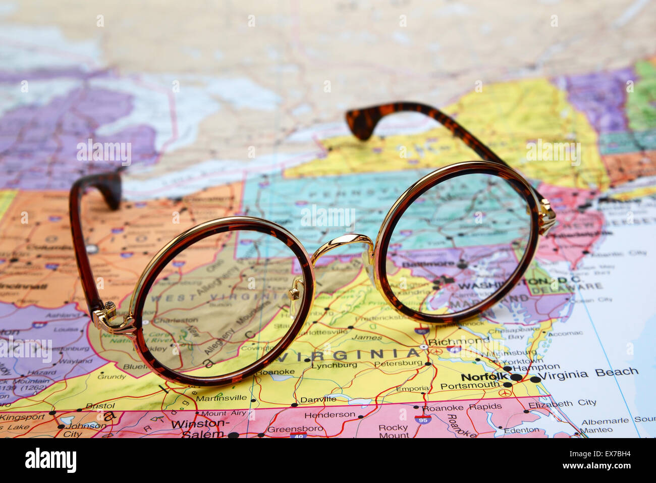 Glasses on a map of USA - West Virginia Stock Photo