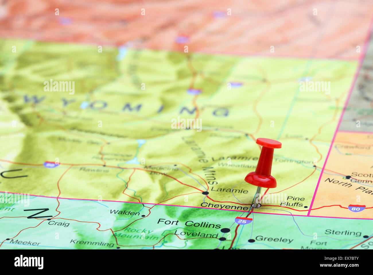 Cheyenne pinned on a map of USA Stock Photo