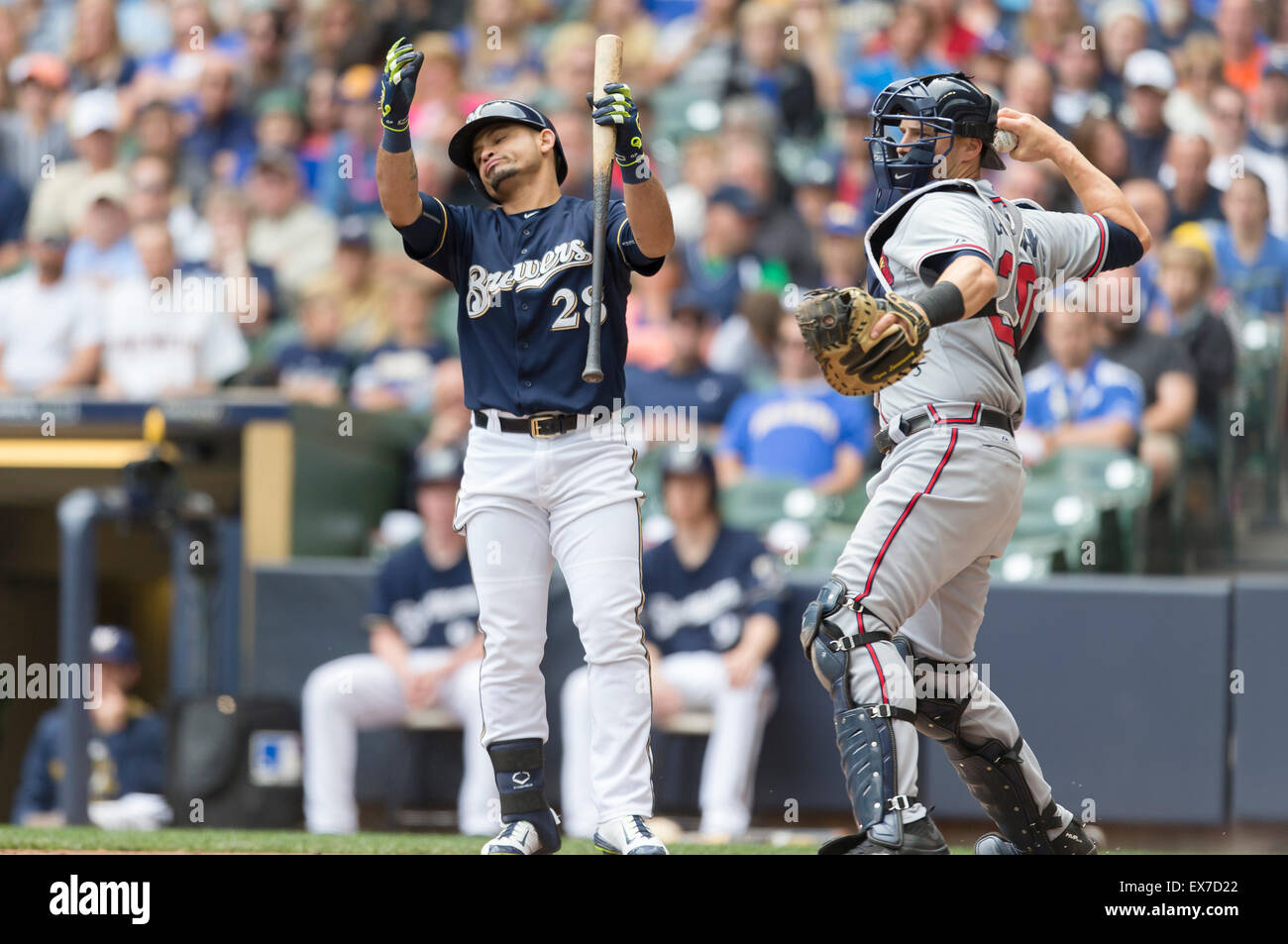 Milwaukee, WI, USA. 8th July, 2015. Milwaukee Brewers center fielder Gerardo Parra #28 disagrees on a check swing call by the third base umpire during the Major League Baseball game between the Milwaukee Brewers and the Atlanta Braves at Miller Park in Milwaukee, WI. John Fisher/CSM/Alamy Live News Stock Photo