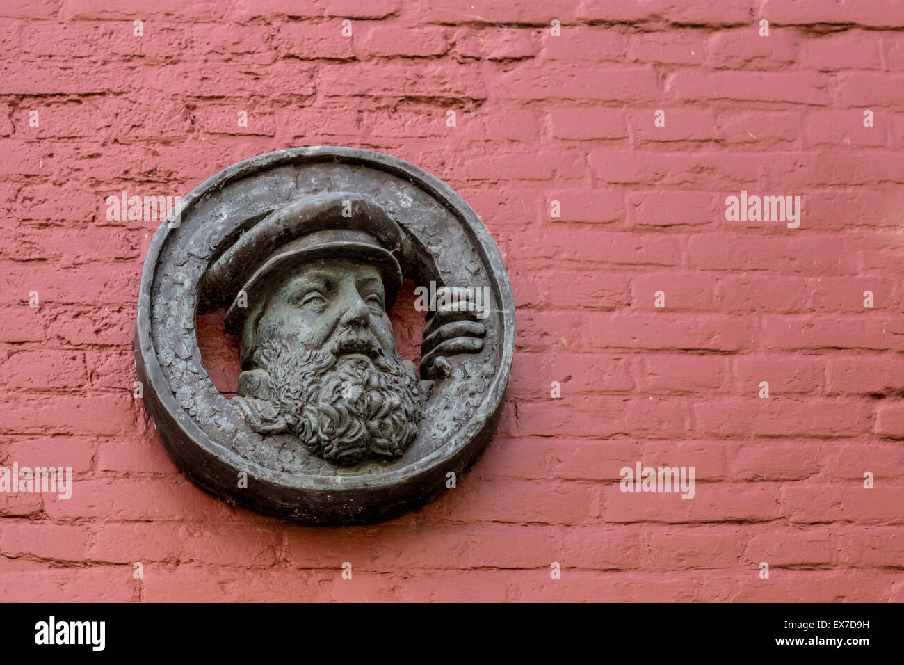 Brass plaque of Pieter van Foreest, physician of prince William the Silent, Oude Delft, Delft, South Holland, The Netherlands. Stock Photo