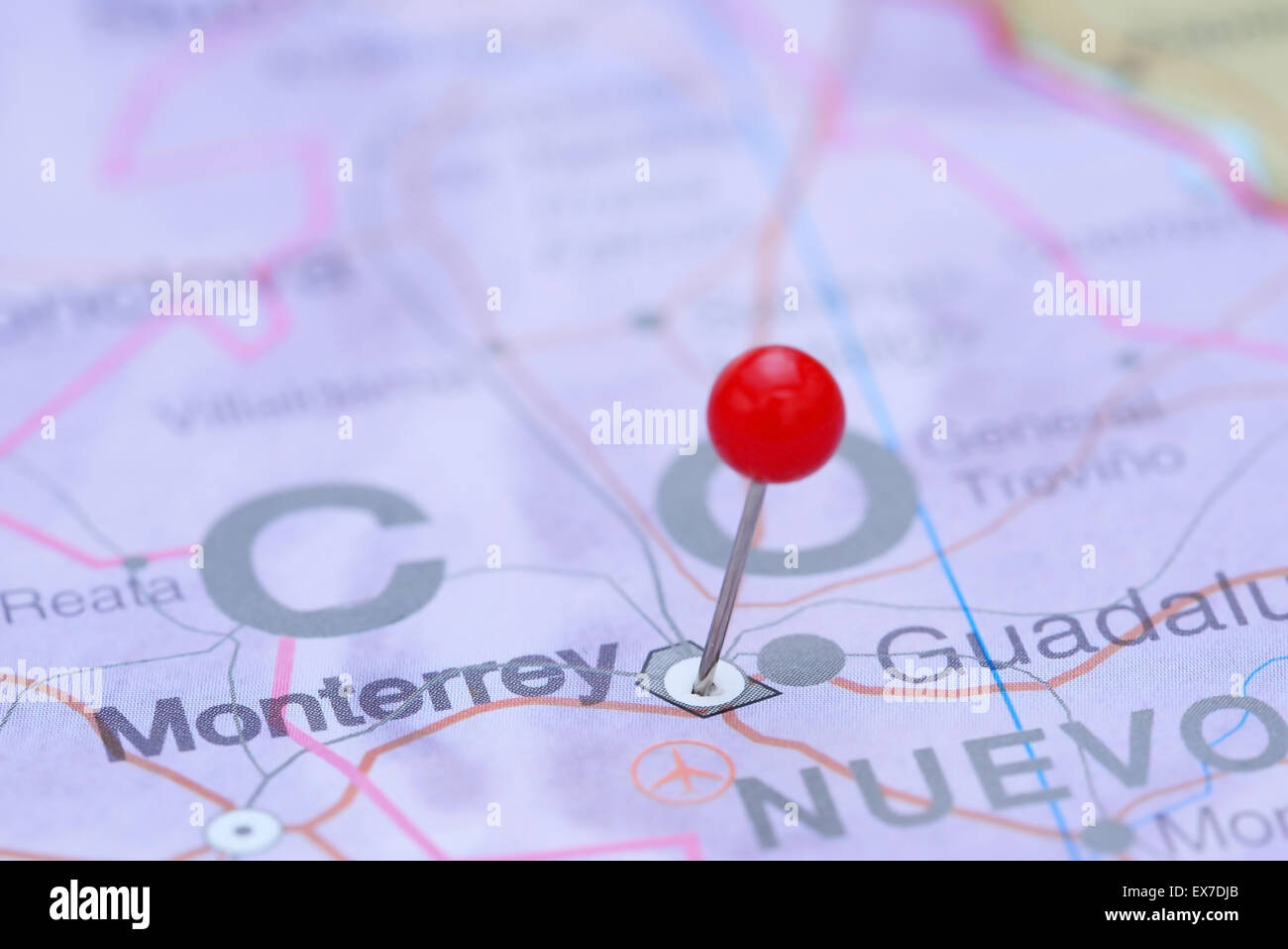 Monterrey pinned on a map of America Stock Photo