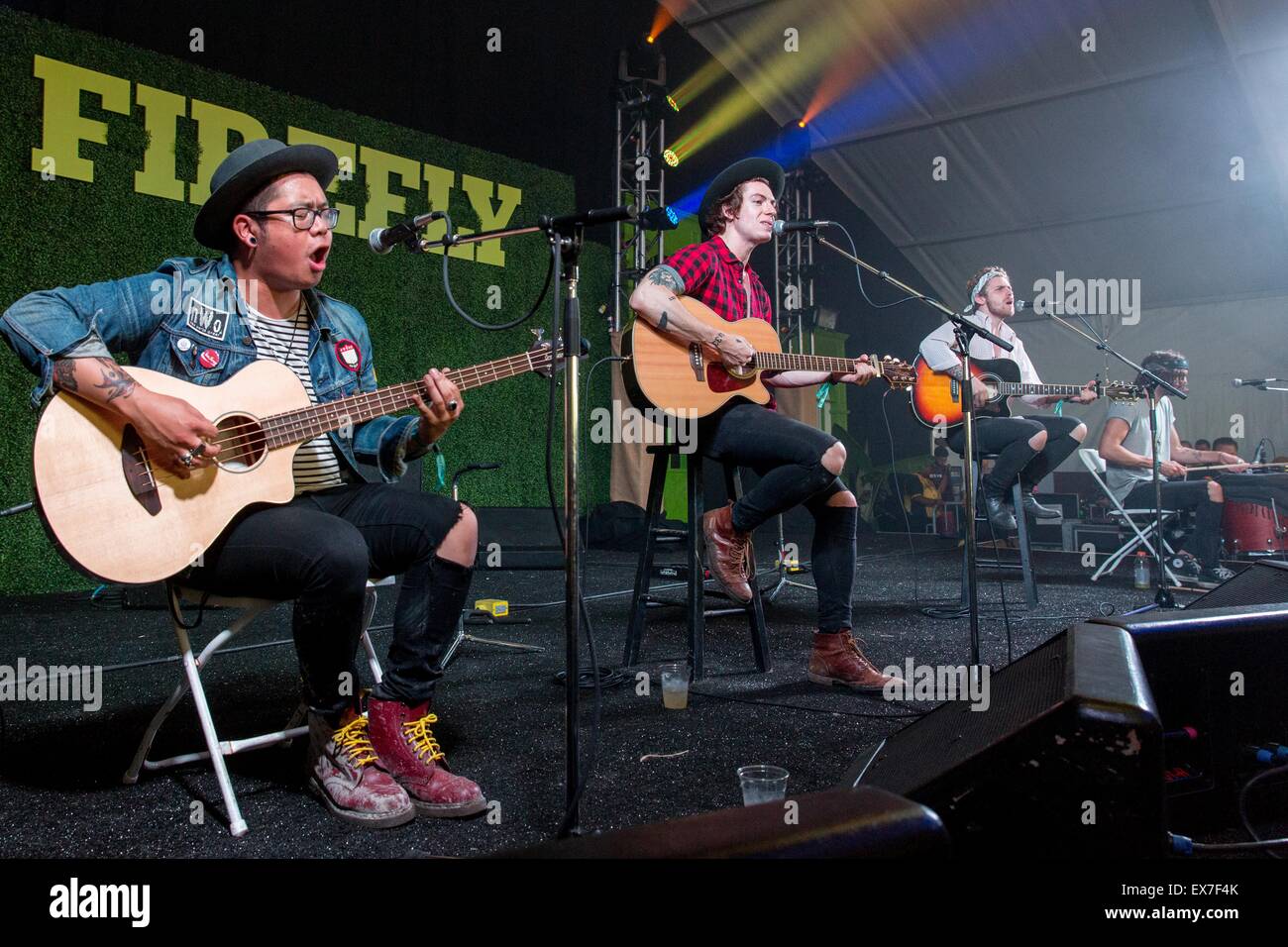 Dover, Deleware, USA. 18th June, 2015. JULIAN DIMAGIBA, ANDY TONGREN, DYLAN SCOTT and STEVE PATRICK (L-R) of Young Rising Sons perform an acoustic set at the Firefly Music Festival in Dover, Delaware © Daniel DeSlover/ZUMA Wire/Alamy Live News Stock Photo