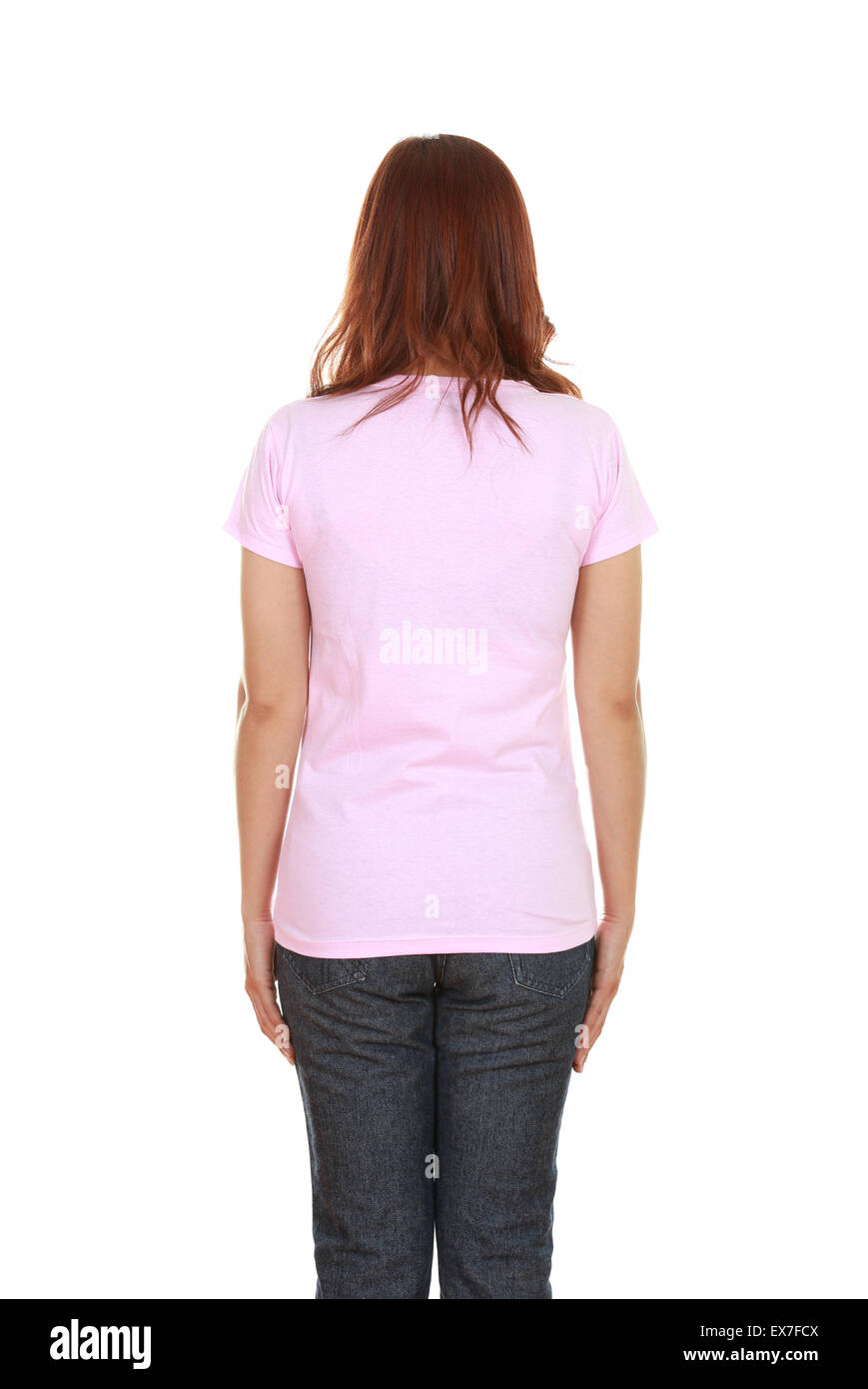 female with blank pink t-shirt (back side) isolated on white