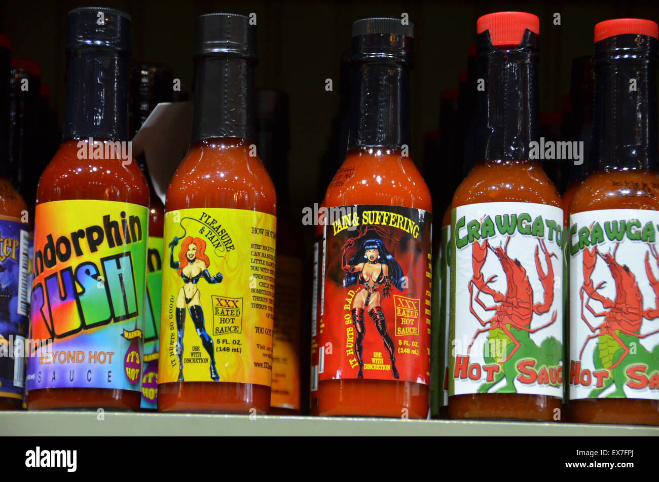 row of hot sauces on store shelf new orleans Stock Photo 84988586 Alamy