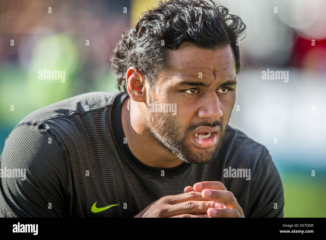 Billy Vunipola of Saracens reacts to supporters during the 2020 Greene King  IPA Championship 1st leg play off final match between Ealing Trailfinders  and Saracens at Castle Bar, West Ealing, England on