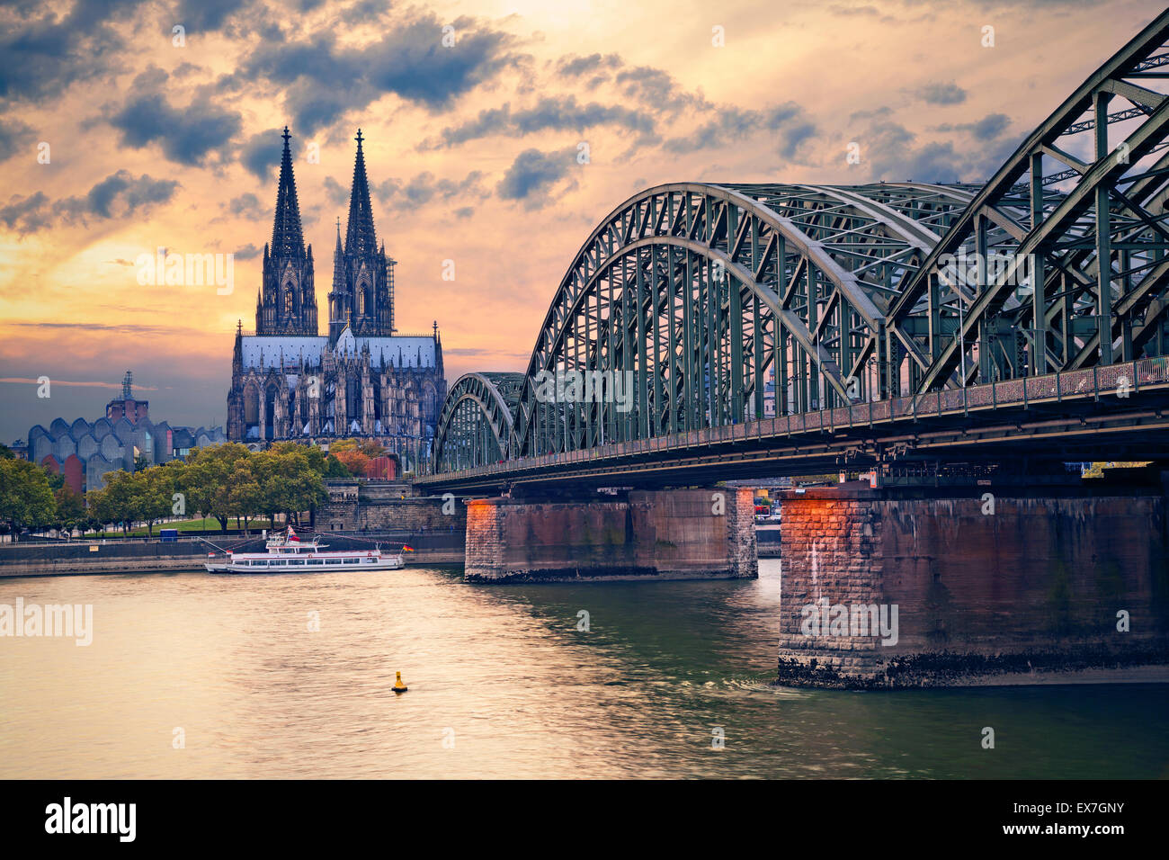 Cologne. Image of Cologne with Cologne Cathedral and Hohenzollern bridge across the Rhine River. Stock Photo