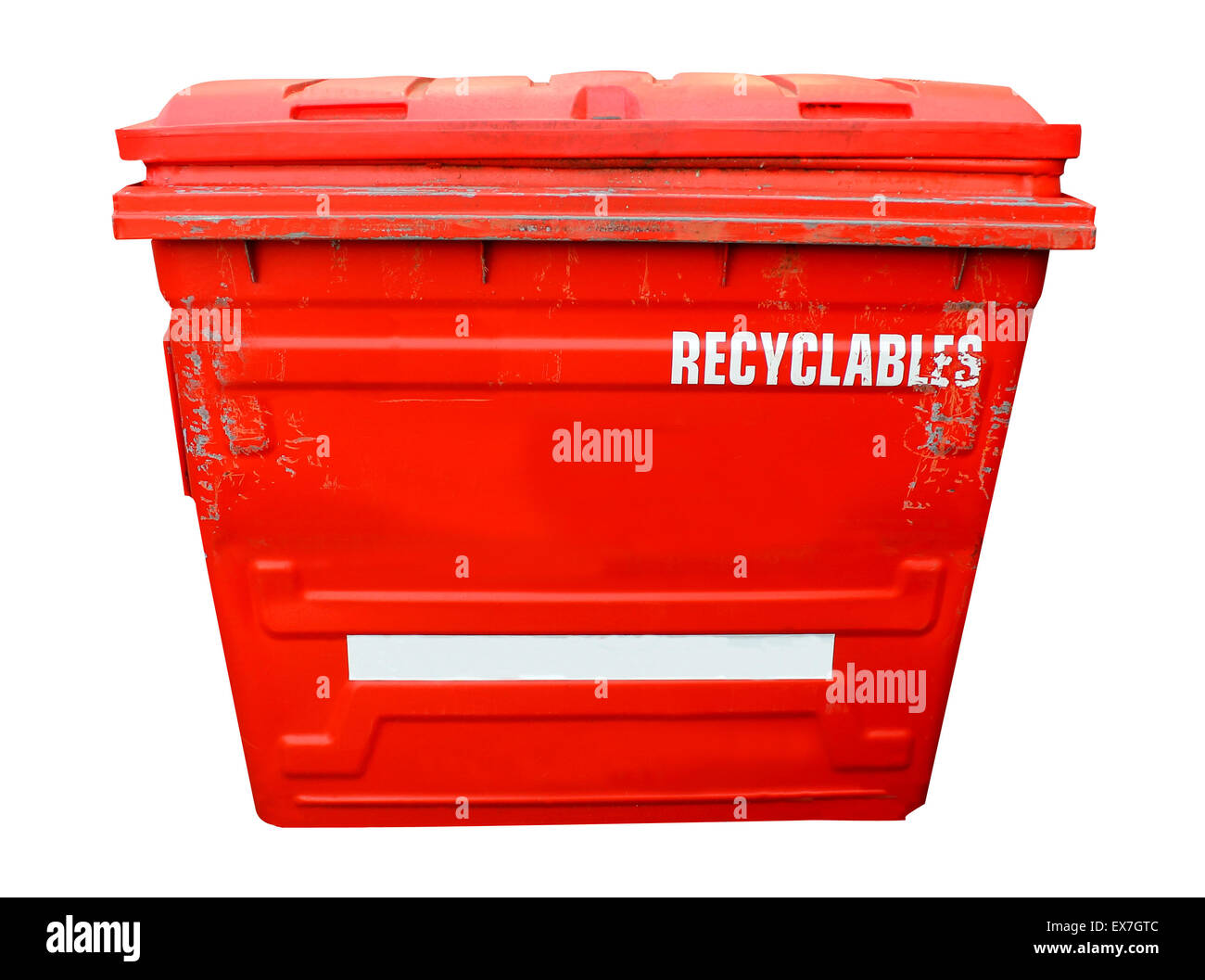 Red industrial recycling bin on a white background. Stock Photo