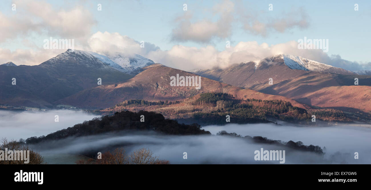 Grasmoor and Grisedale Pike with temperature inversion giving clouds in valley above Keswick Stock Photo