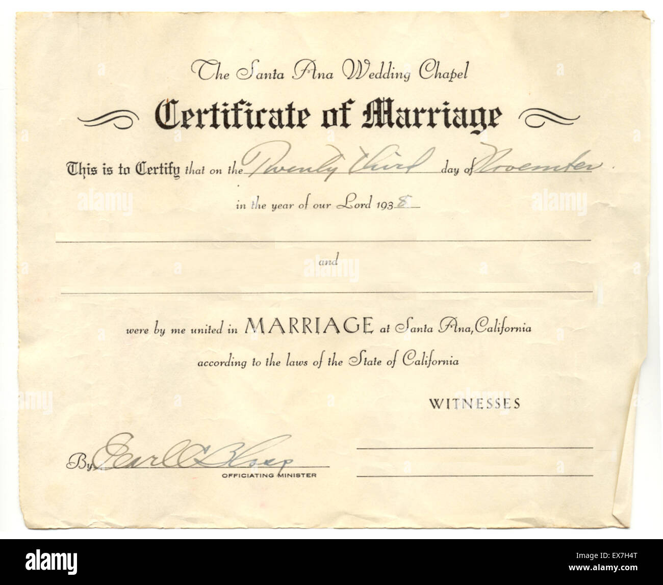 Historic marriage certificate from the 1930s Stock Photo - Alamy