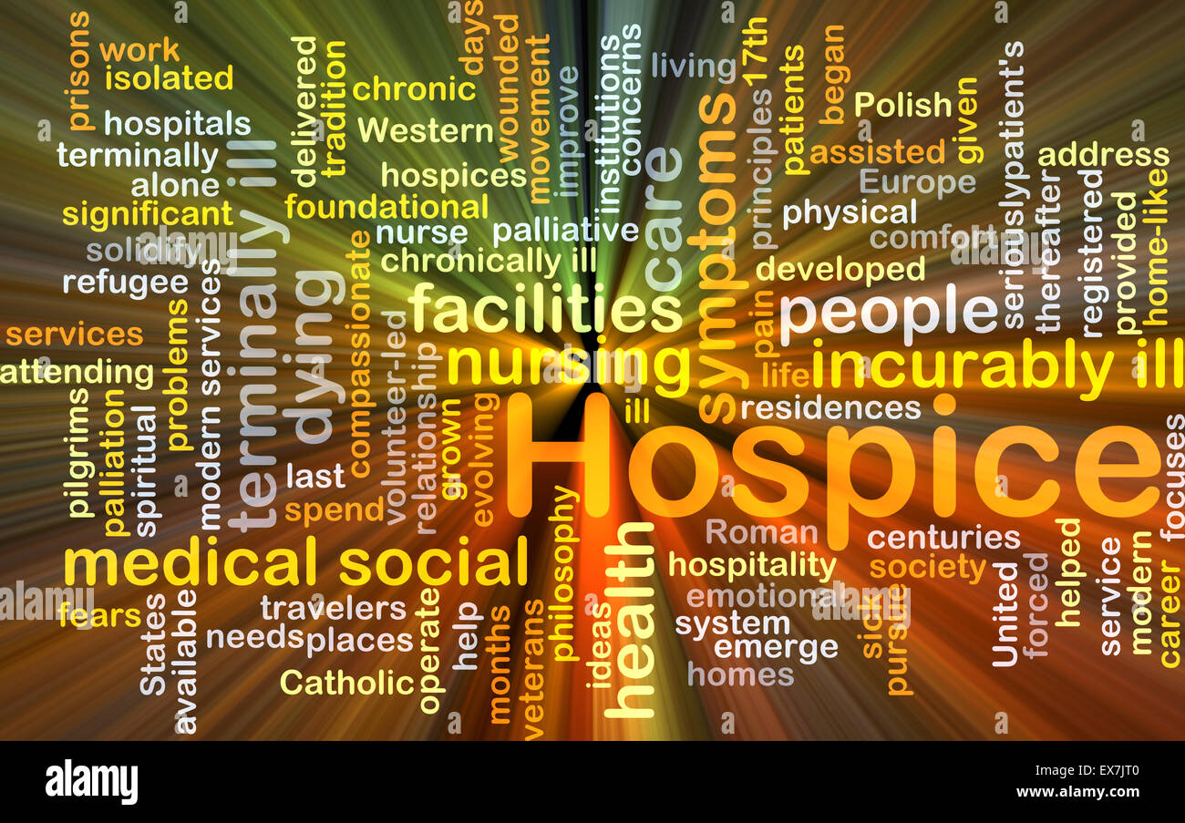 Background concept wordcloud illustration of hospice glowing light Stock Photo