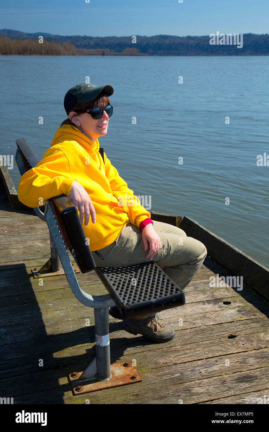 Dock bench on Columbia River, Steamboat Landing Park, Camas, Washington