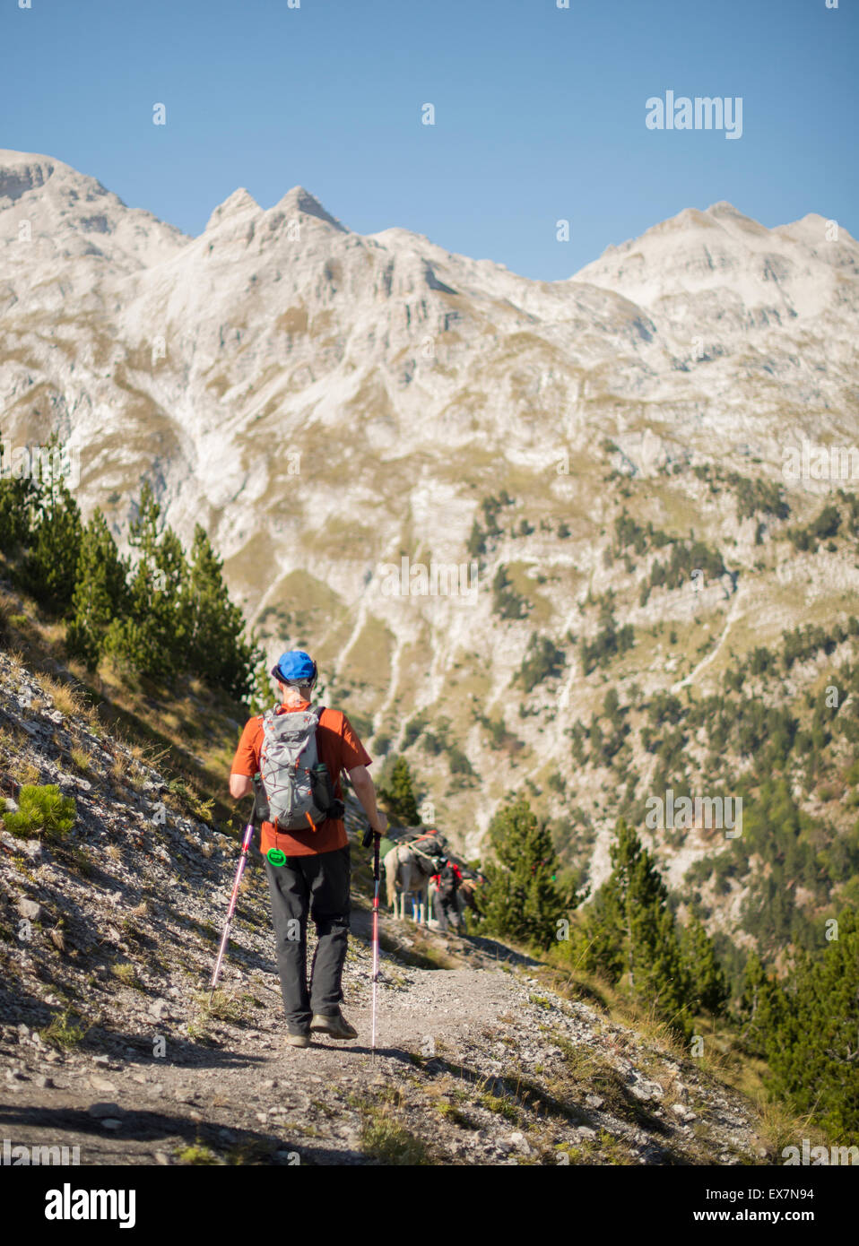 Hiking from Theth to Valbona. Group decending into the valley of Valbona. Stock Photo