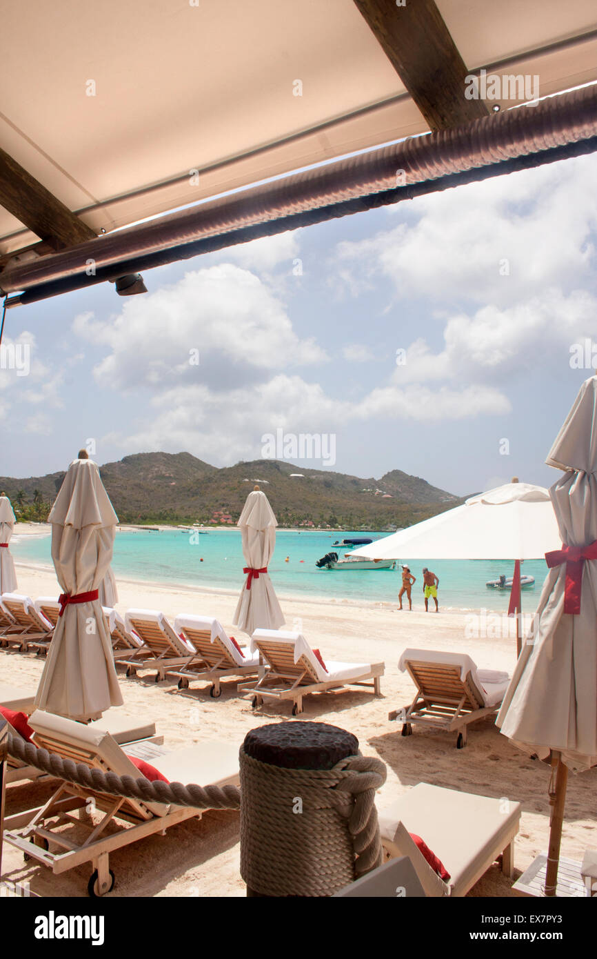 View of St. Jean Beach from the Sand Bar restaurant at the famous Eden Rock Hotel, in St. Barts Stock Photo