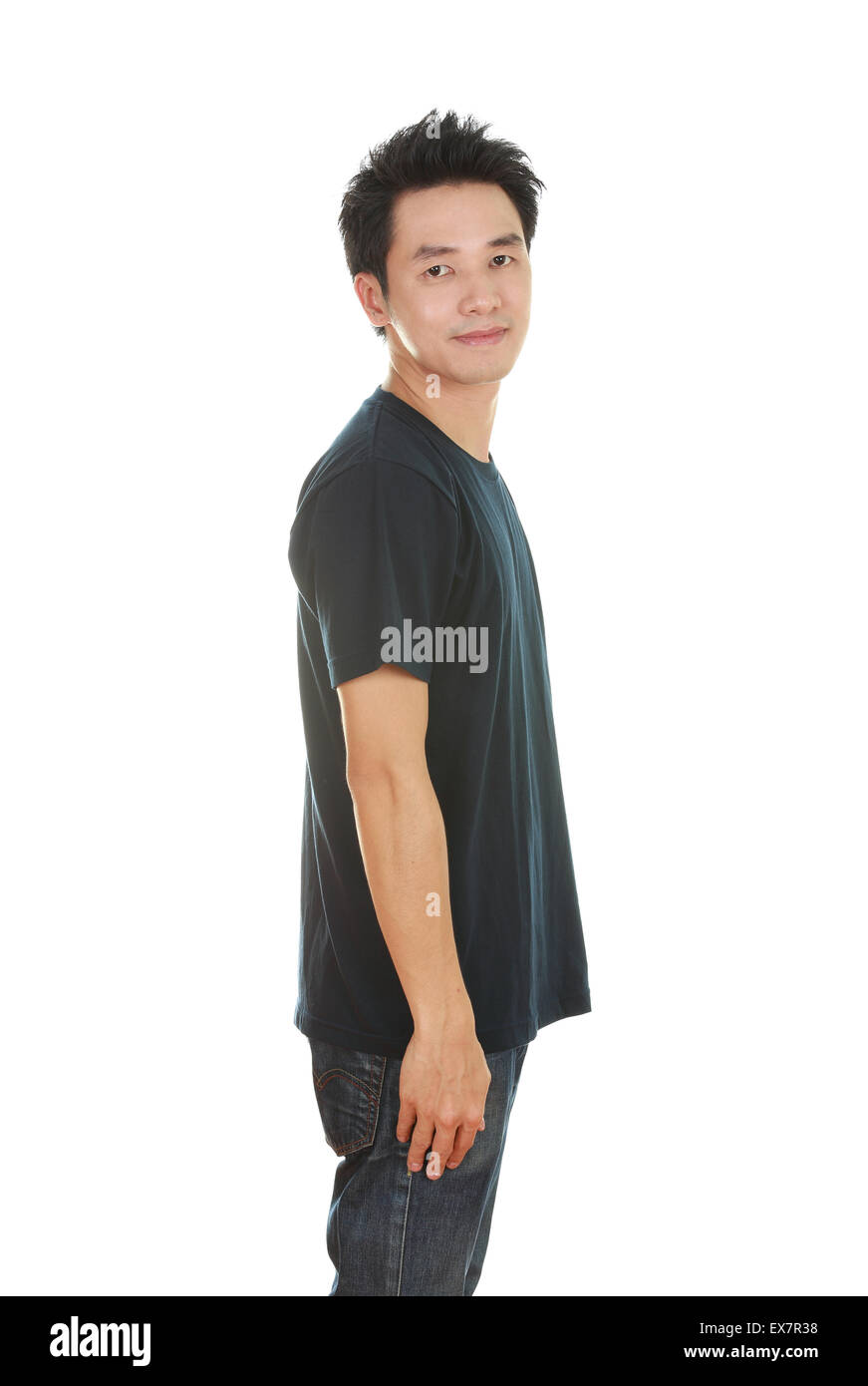 man with black tshirt (side view) isolated on white background Stock