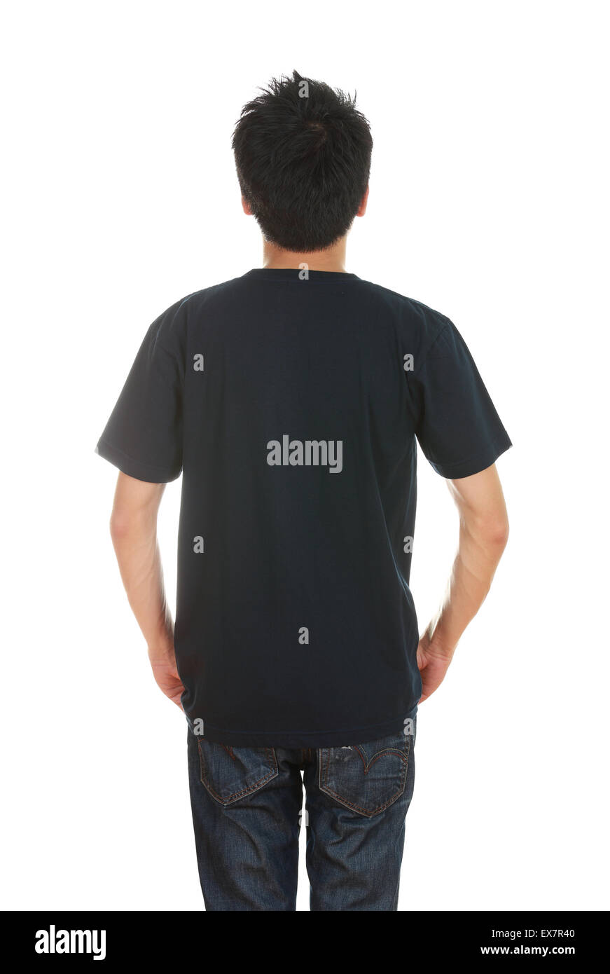 Shirt R Back Side man with blank black t-shirt (back side) isolated on white background ...