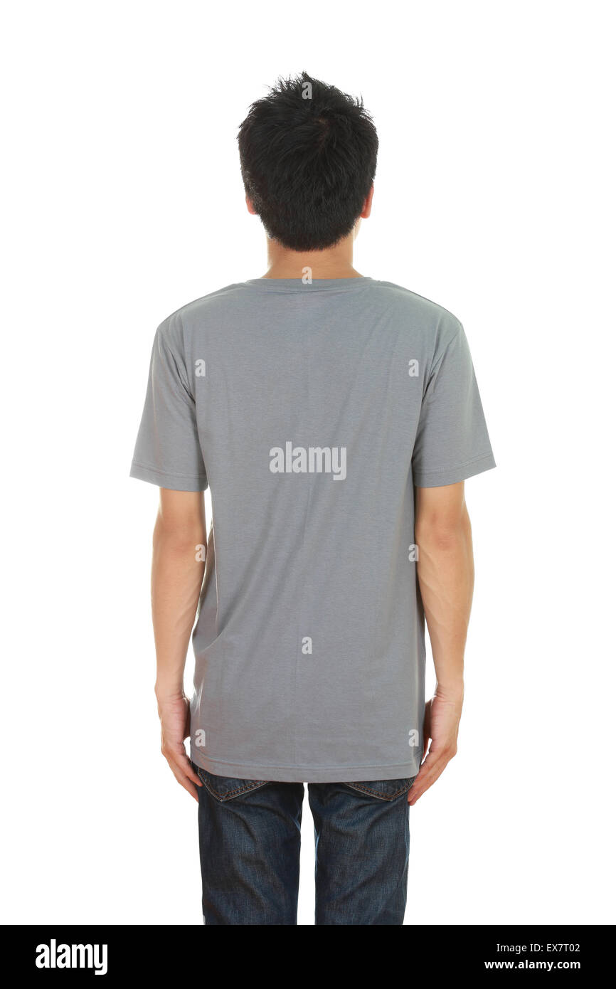 Shirt R Back Side man with blank gray t-shirt (back side) isolated on white background ...