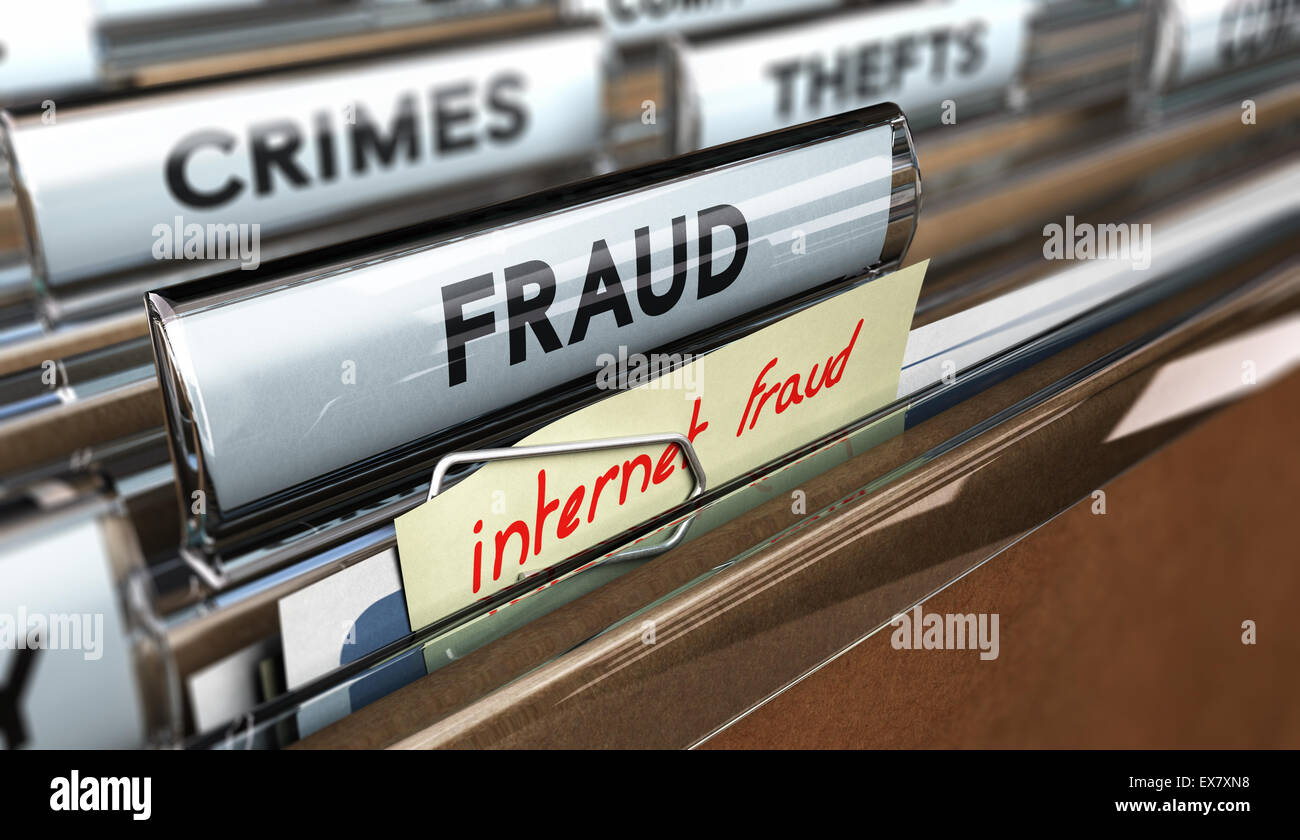 Close up on a file tab with the text fraud plus a note where it is handwritten internet frauds. Blur effect. Concept image for i Stock Photo