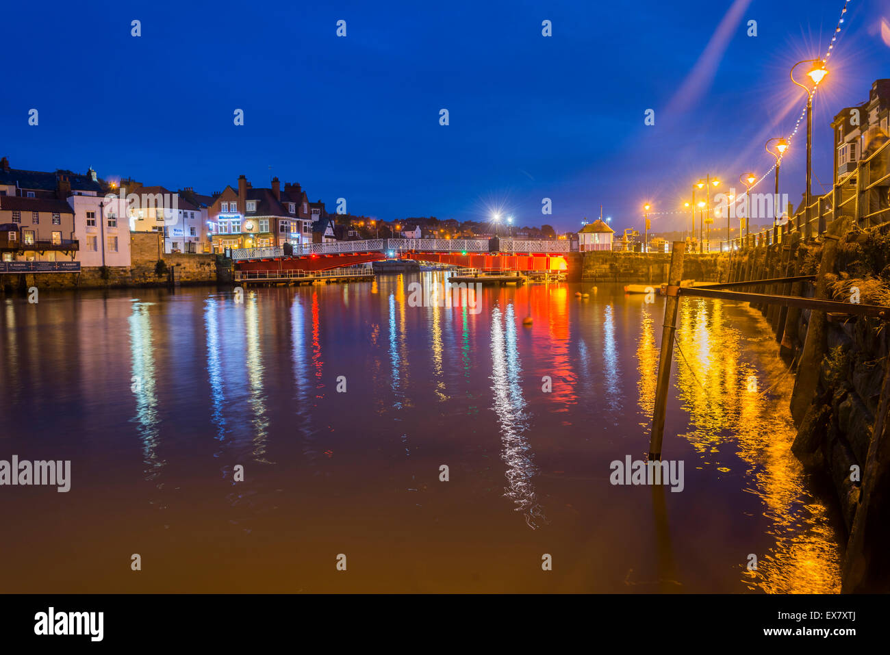 Whitby Harbour at night a small seaside town in North Yorkshire England