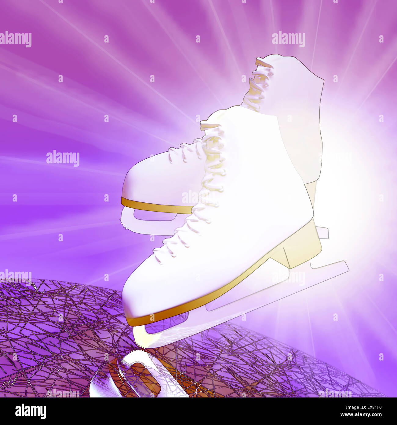 Figure skating. Tilted lilac version, ice skates with reflection Stock