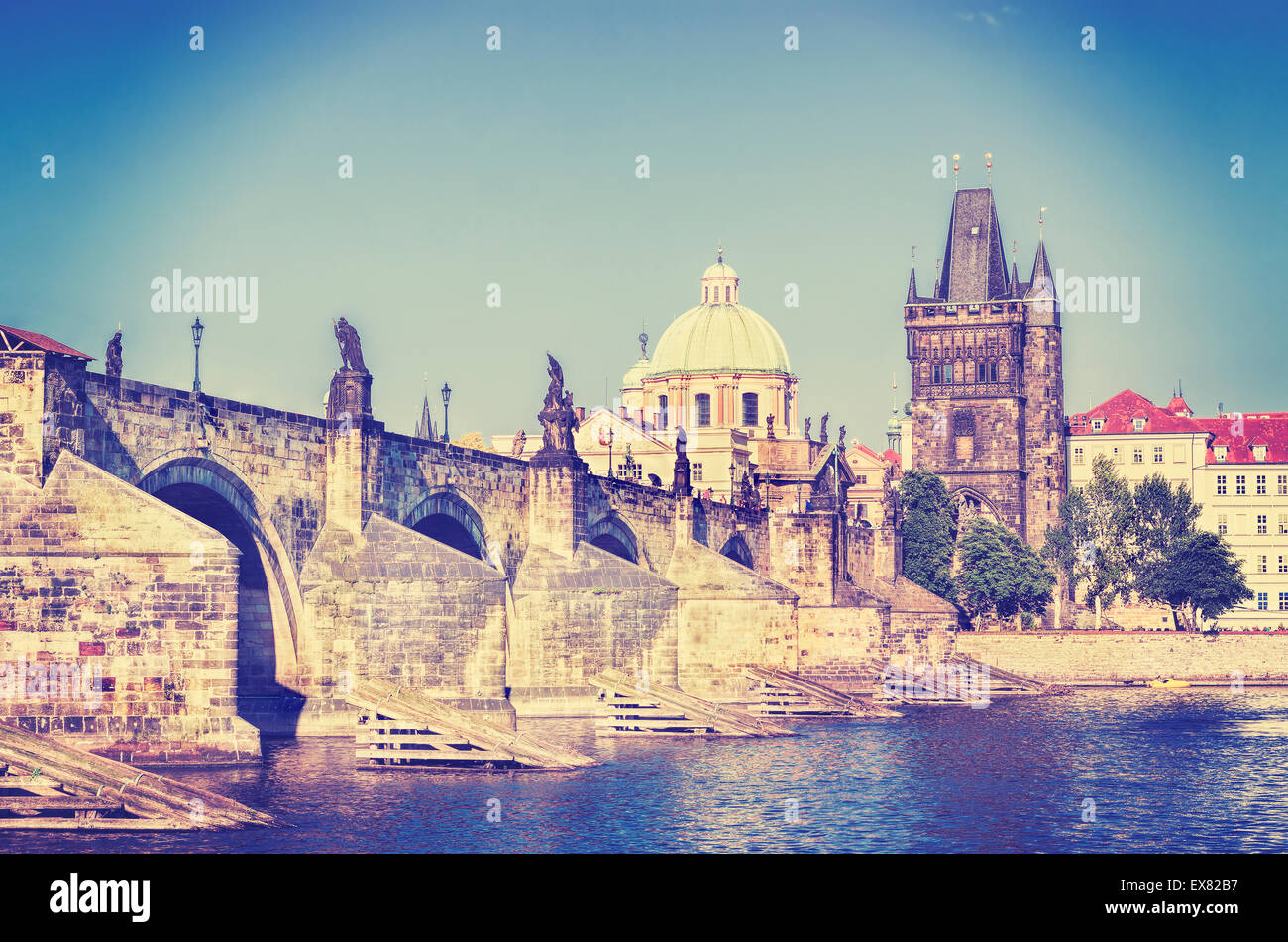 Retro instagram stylized picture of Prague, Charles bridge and Vltava river. Stock Photo