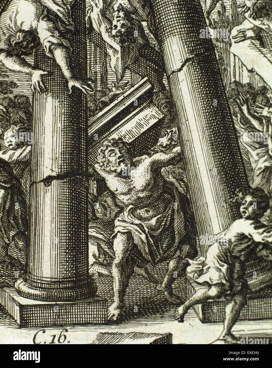 Samson destroying the temple of Dagon. Book of Judges. Chapter 16. Engraving. Stock Photo