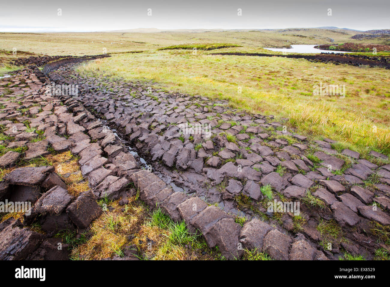 Peat cutting for fuel on the Isle of Lewis near Stornoway, Outer Hebrides, Scotland, UK. Stock Photo