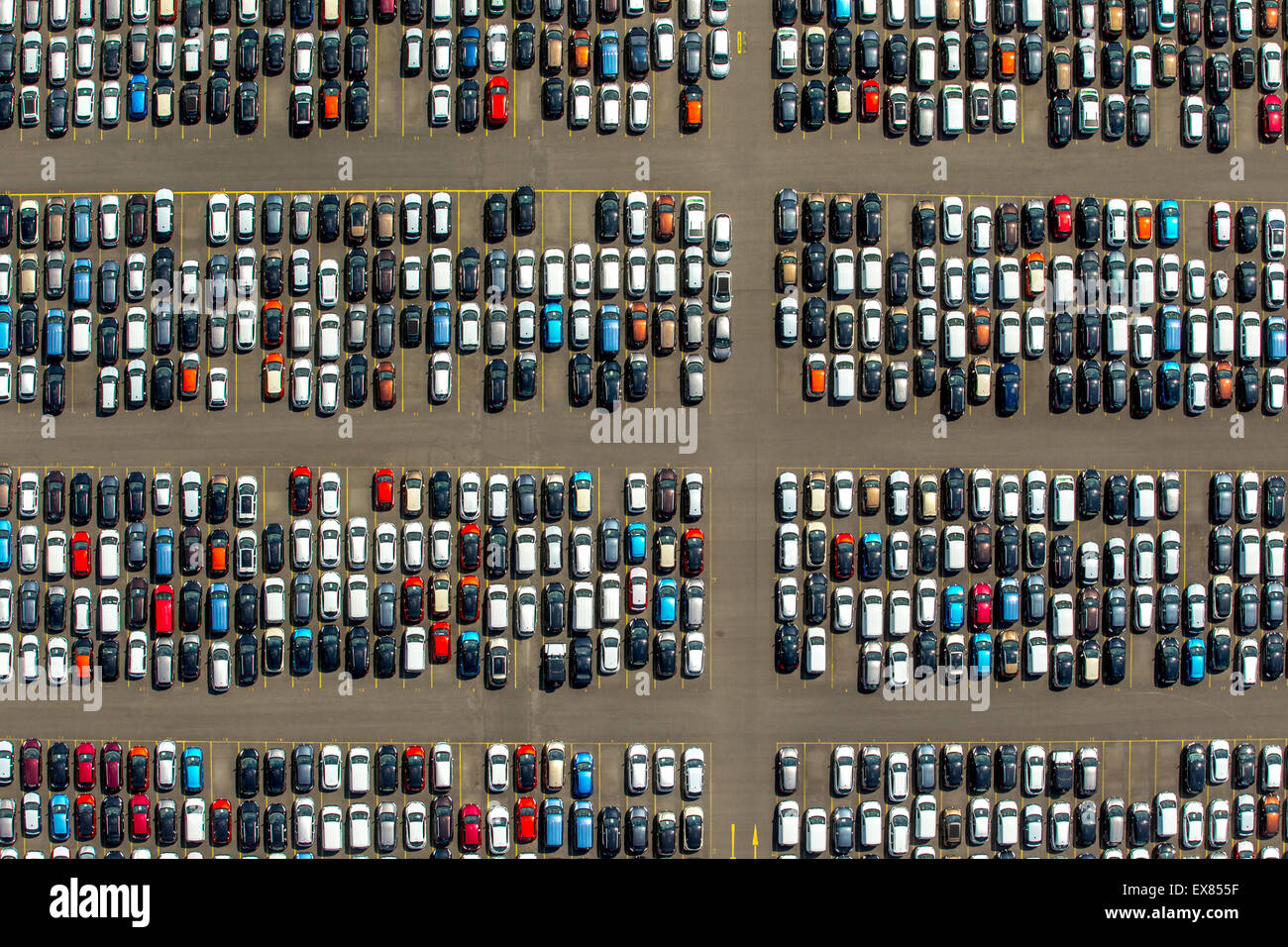Car stockpile, Logport I, export and import vehicles, Rheinhausen, Duisburg, Ruhr, North Rhine-Westphalia, Germany Stock Photo