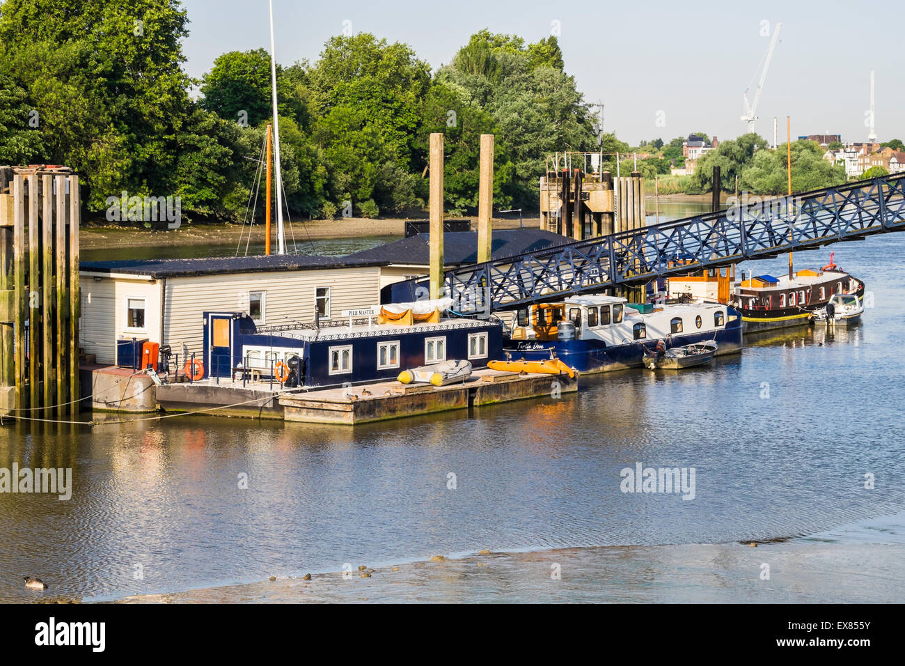 Hammersmith Pier office on the river Thames, London, England, U.K. Stock Photo