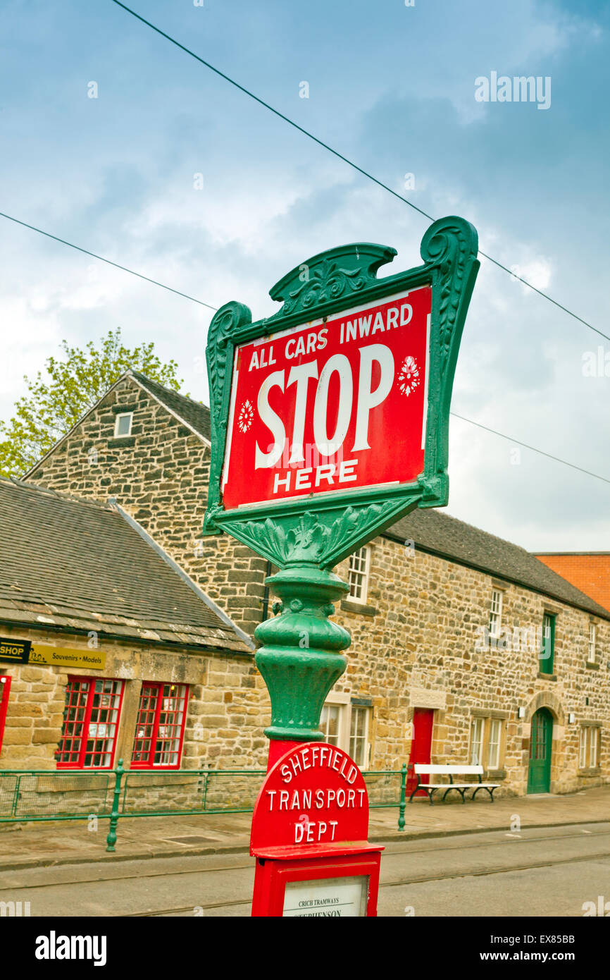 Vintage tramway sign at the terminus of the National Tramway Museum, Crich, Derbyshire, UK Stock Photo