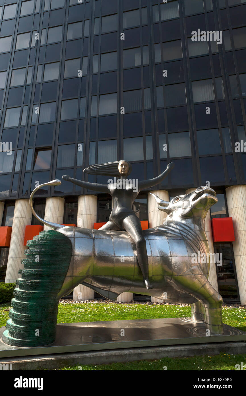 The sculpture "Abduction of Europe", a gift from Crete to the European Parliament in 2005, in front of a building in the Stock Photo