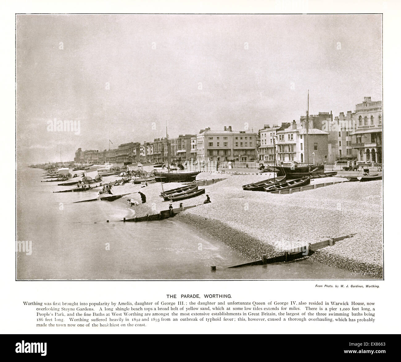 Worthing, Sussex, 1900 photograph of the seafront of the popular holiday resort on the South coast, fishing boats drawn up on the beach Stock Photo