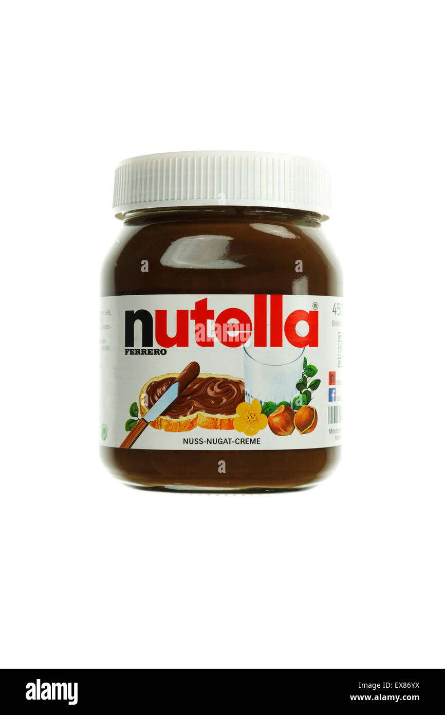 Glass jar of Nutella on white background with German text Stock Photo -  Alamy