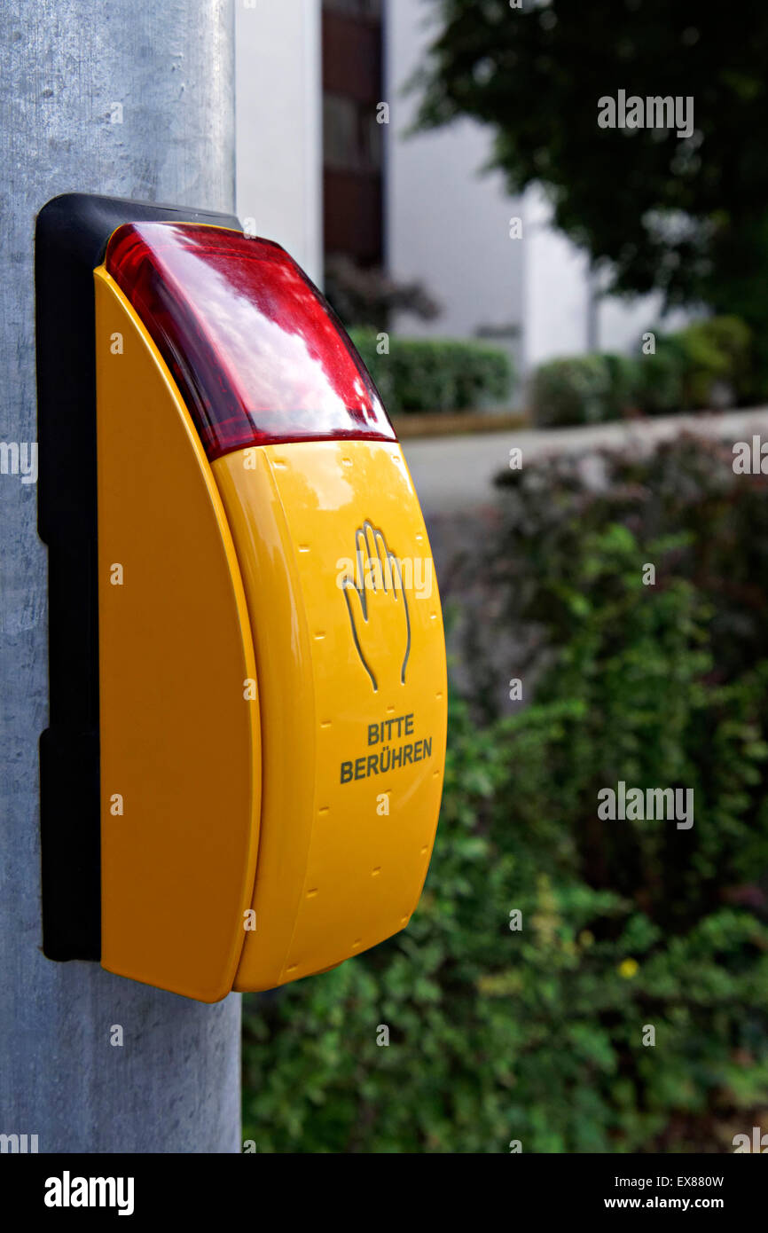 German pedestrian traffic light control switch, Chiemgau, Upper Bavaria, Germany. Stock Photo