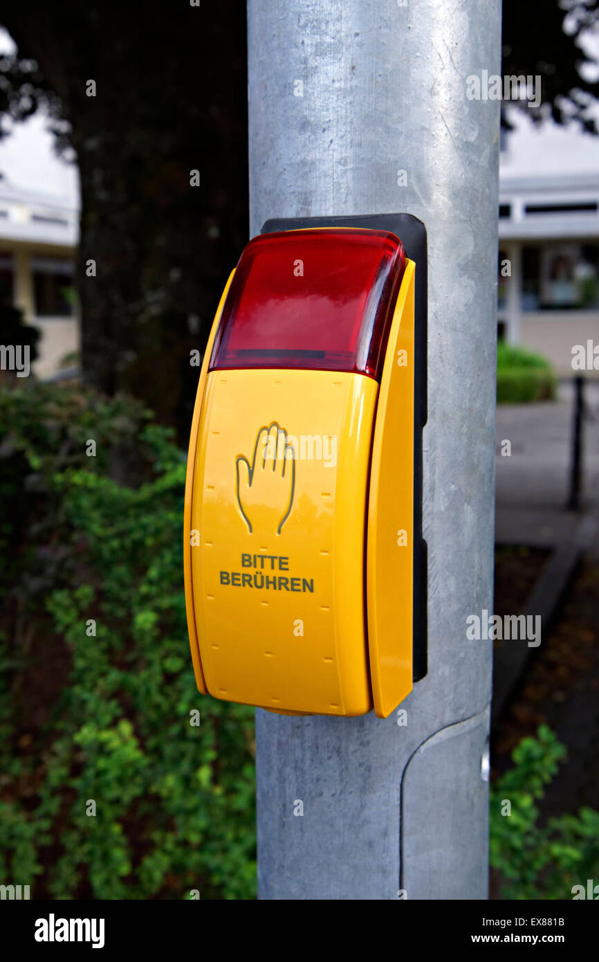 German pedestrian traffic light control switch, Chiemgau, Upper Bavaria, Germany. Stock Photo