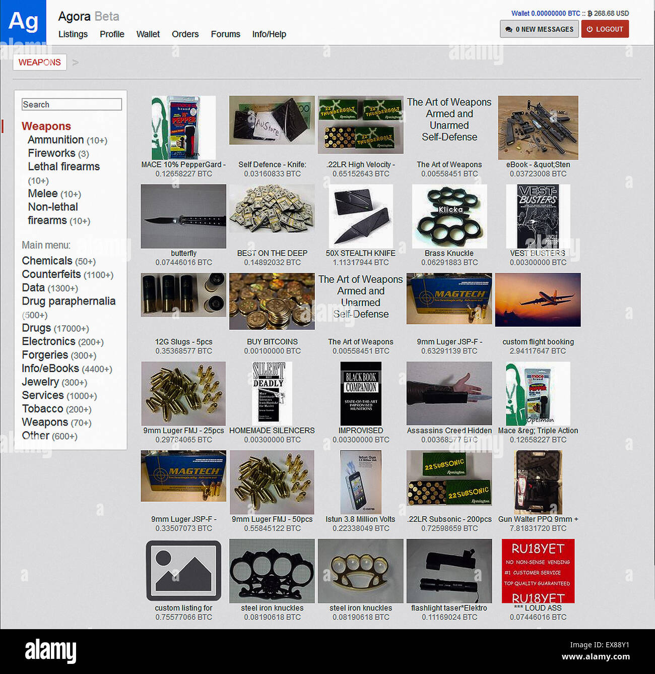 Agora Marketplace for illicit goods (drugs, counterfeits, weapons) established 3 December 2013 accessed on the darknet (Tor network). Weapons category homepage shown with subcategories listed on left, images of various weapons and ammunitions. Date taken: July 2014. The marketplace closed for business in August 2015 stating potential vulnerabilities in Tor Hidden Services protocol which could help to deanonymize server locations. Stock Photo