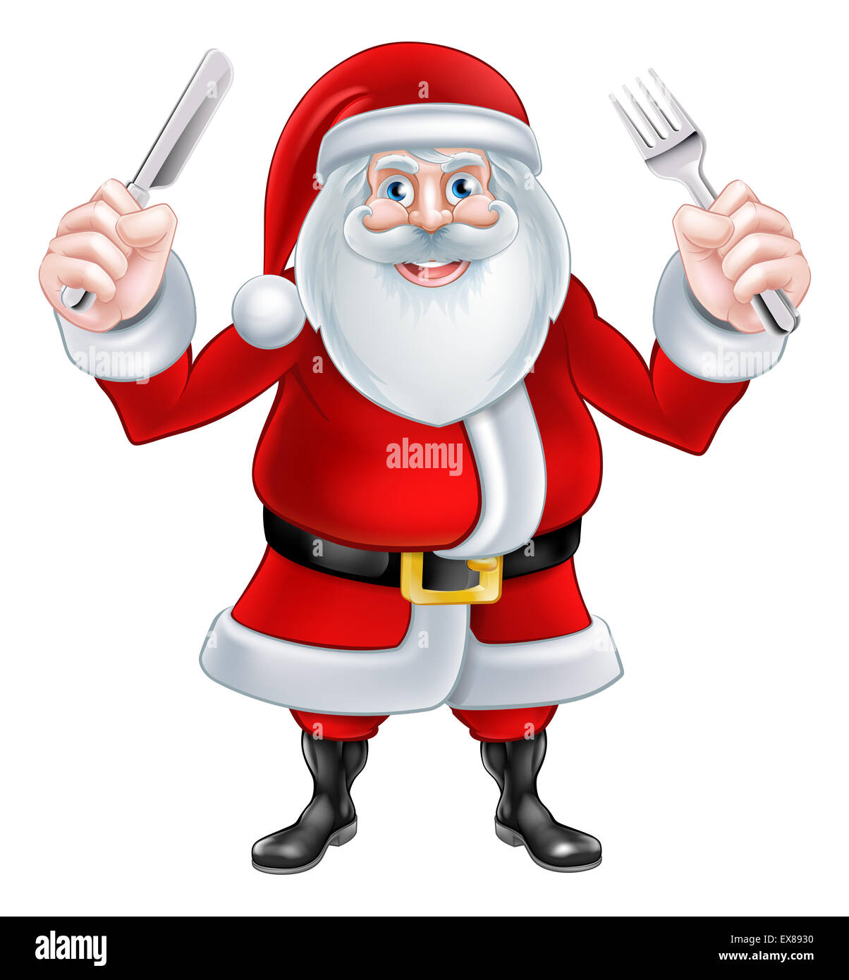 Christmas cartoon Santa Claus holding a knife and fork ready for dinner Stock Photo