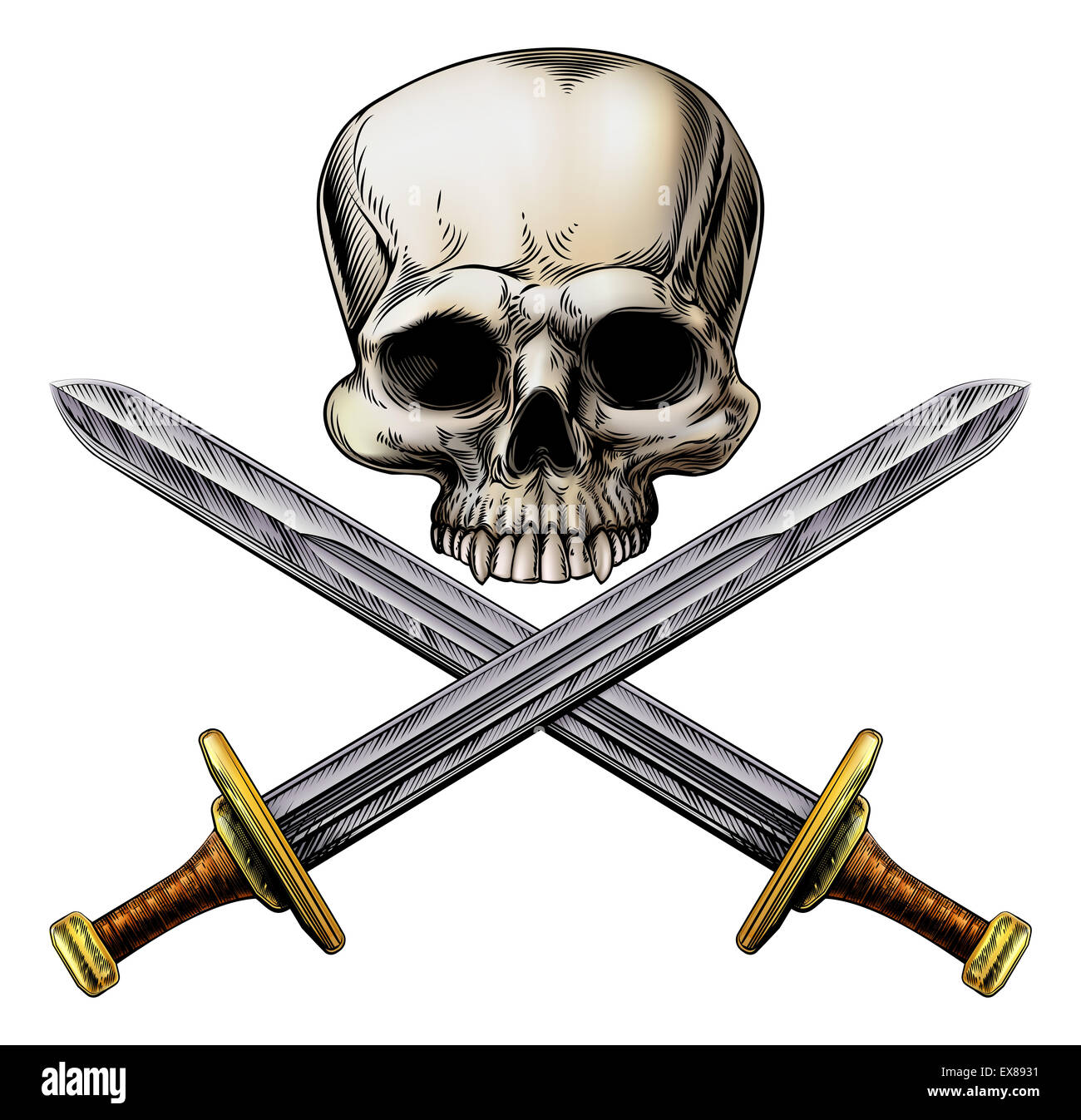 A human skull and crossed swords pirate style sign in a vintage woodblock style Stock Photo