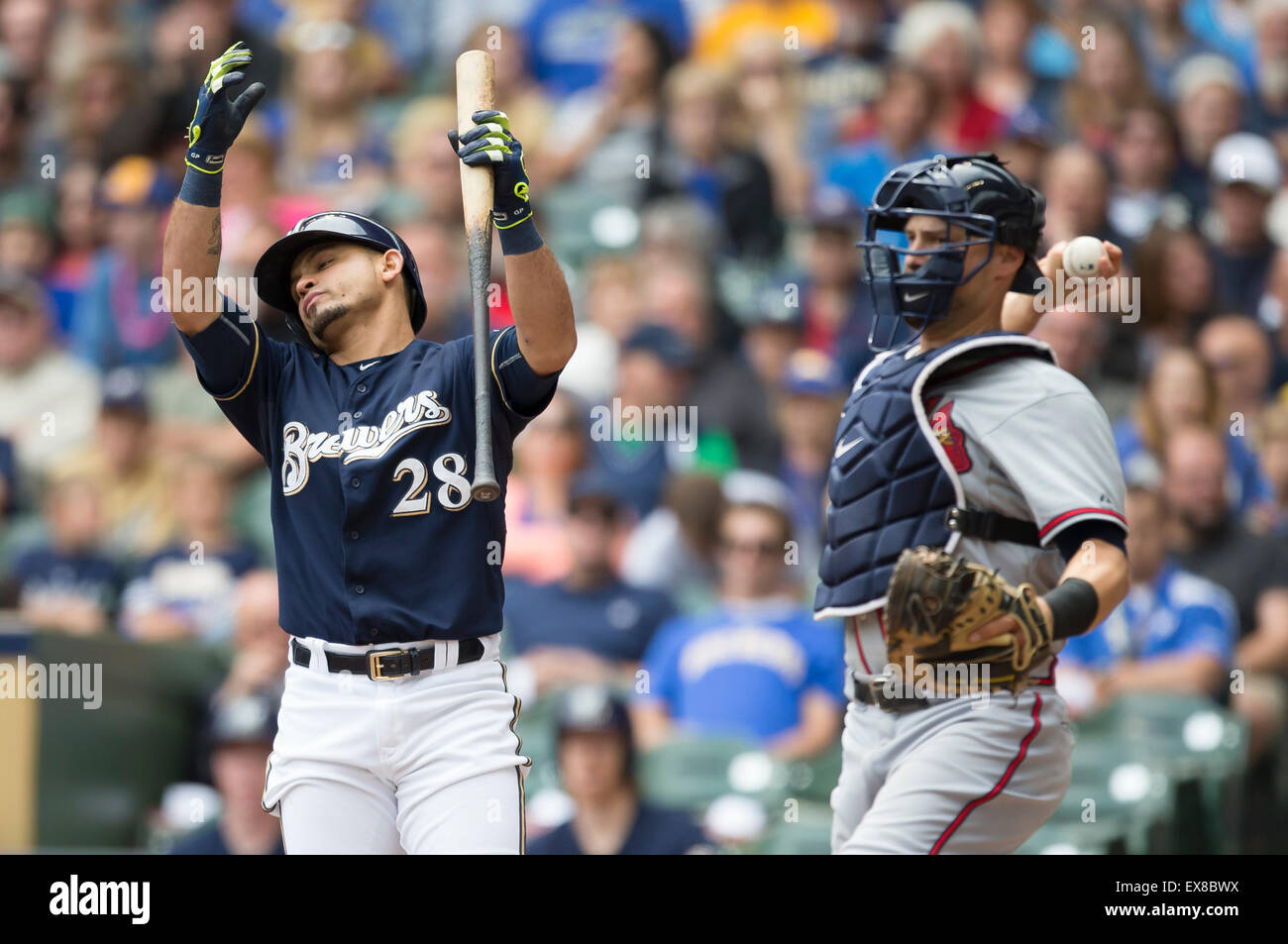 Milwaukee, WI, USA. 8th July, 2015. Milwaukee Brewers right fielder Gerardo Parra #28 reacts after a called check swing by the third base umpire during the Major League Baseball game between the Milwaukee Brewers and the Atlanta Braves at Miller Park in Milwaukee, WI. Brewers defeated the Braves 6-5. John Fisher/CSM/Alamy Live News Stock Photo
