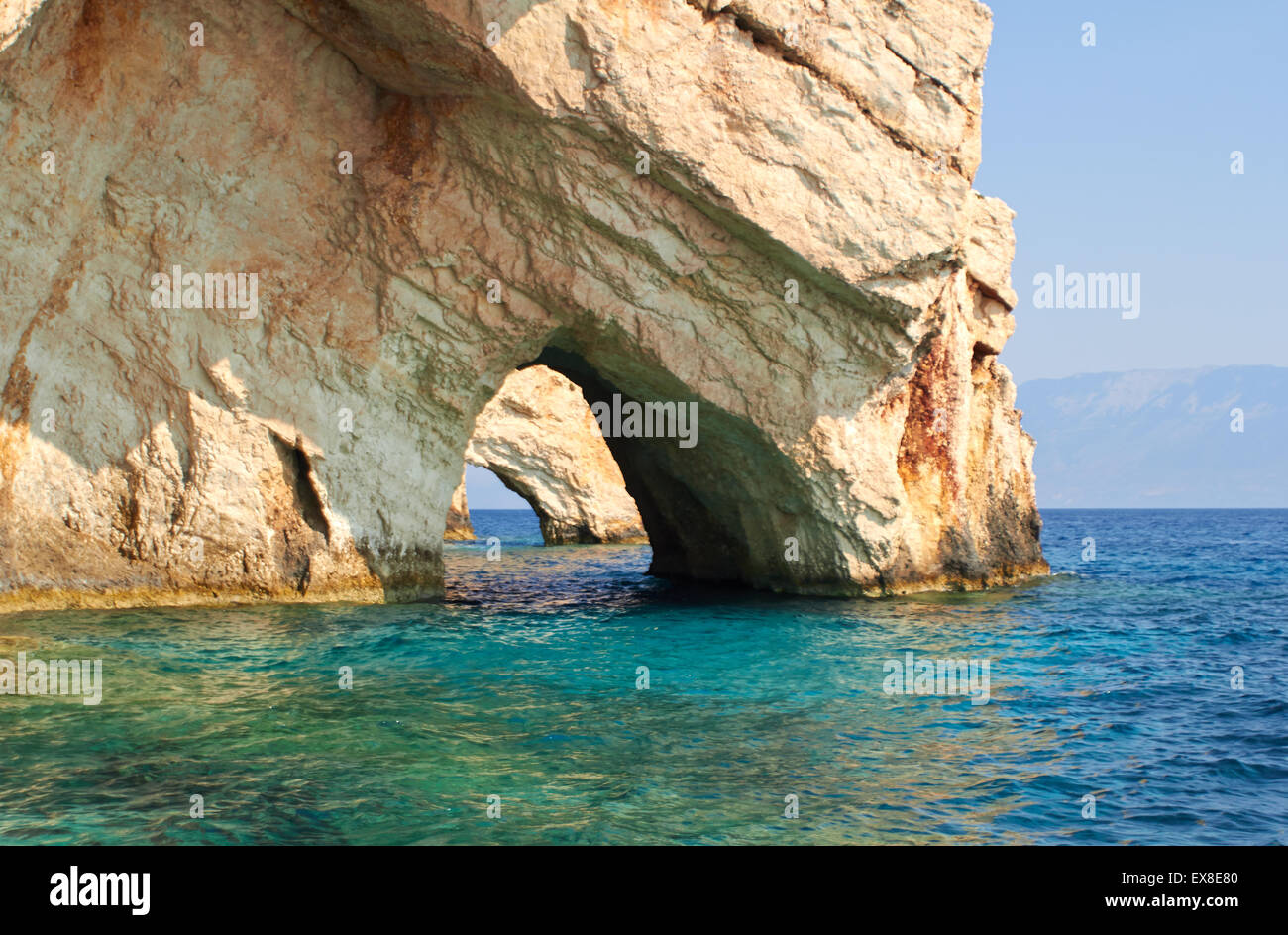 Blue caves at bright sunny day Zakinthos Greece Stock Photo