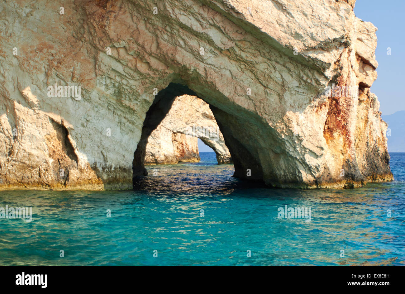 Blue caves at bright sunny day Zakinthos Greece Stock Photo