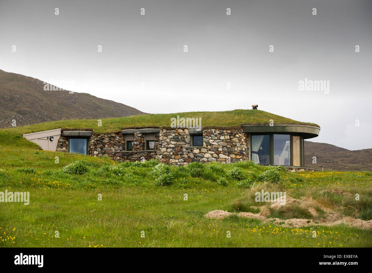 A modern green roofed house at Scarista on the isle of Harris, Outer