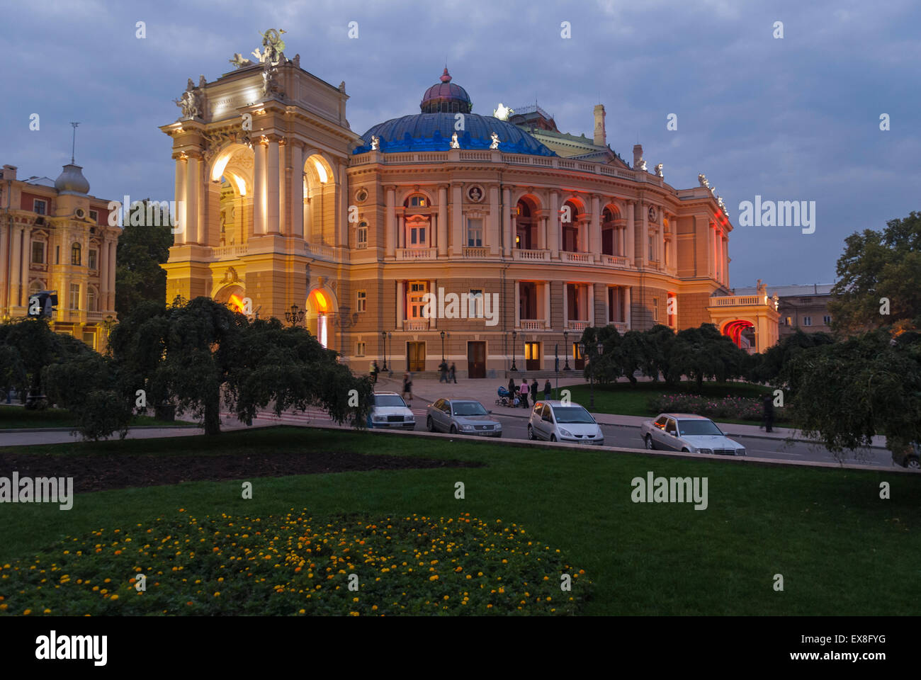 The Odessa Opera House in the Evening lit with different colored lighting Stock Photo