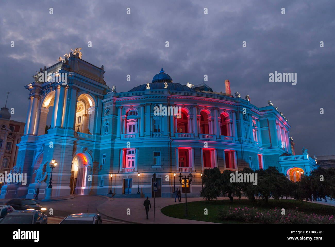 The Odessa Opera House in the Evening lit with different colored lighting Stock Photo