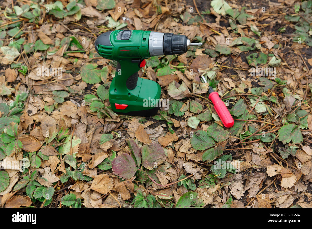 the screw gun on the accumulator and a manual screwdriver lie on the