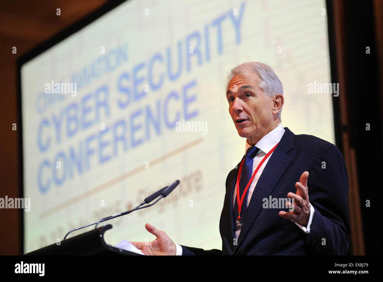 Singapore. 9th July, 2015. Director-General and Chief Executive Officer of International Air Transport Association (IATA) Tony Tyler speaks during the Civil Aviation Cyber-Security Conference held in Singapore, July 9, 2015. The two-day Civil Aviation Cyber Security Conference meeting kicked off in Singapore Thursday. Credit:  Then Chih Wey/Xinhua/Alamy Live News Stock Photo