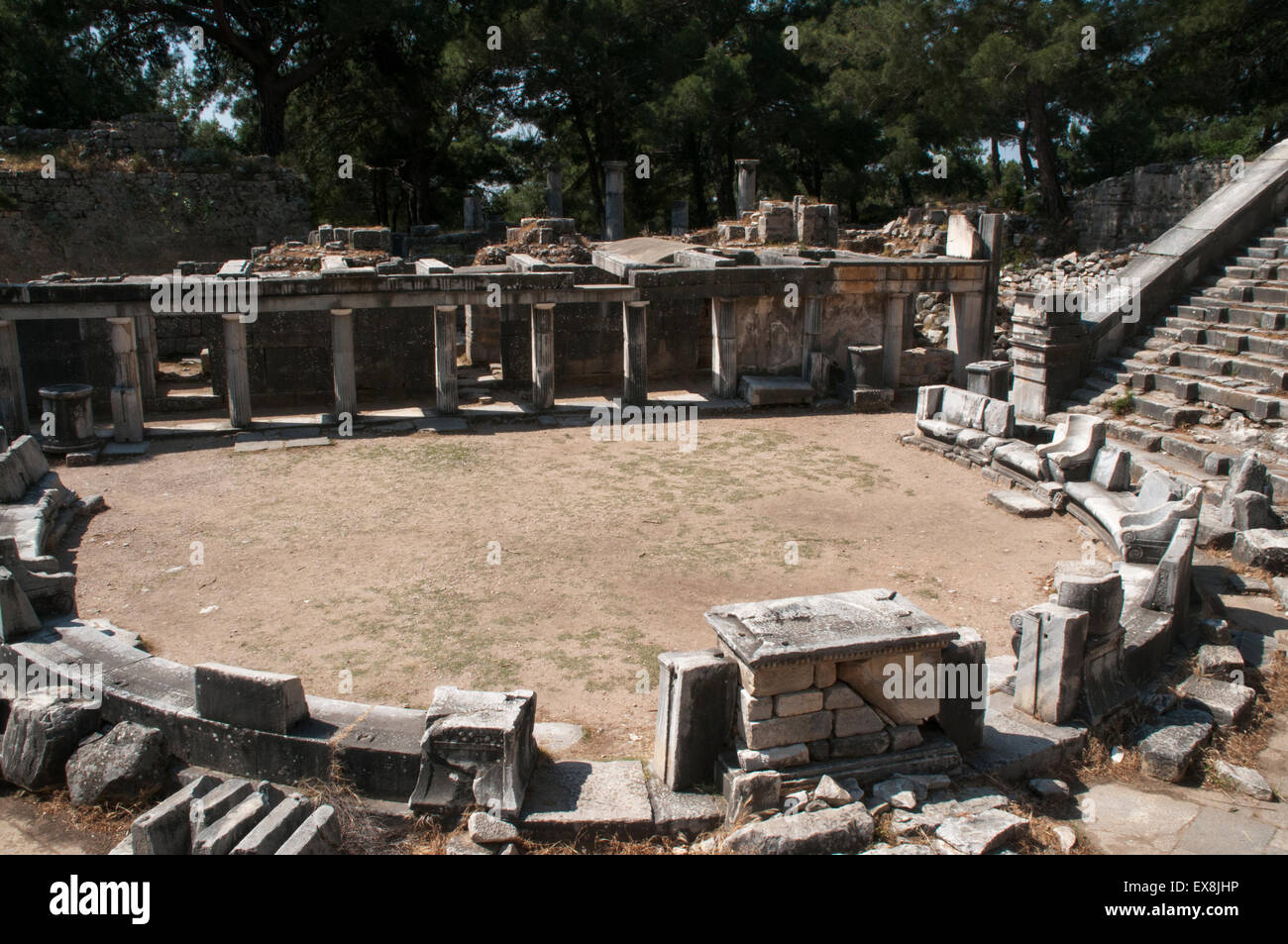 The theater  of ancient Greek Priene town was built in the 4th century BC and has seating for 5000 people in 50 rows. Stock Photo
