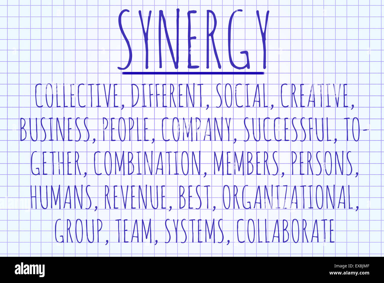 Synergy word cloud written on a piece of paper Stock Photo