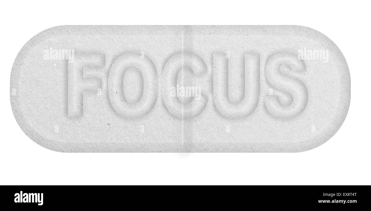 White pill with Focus written on it. Stock Photo