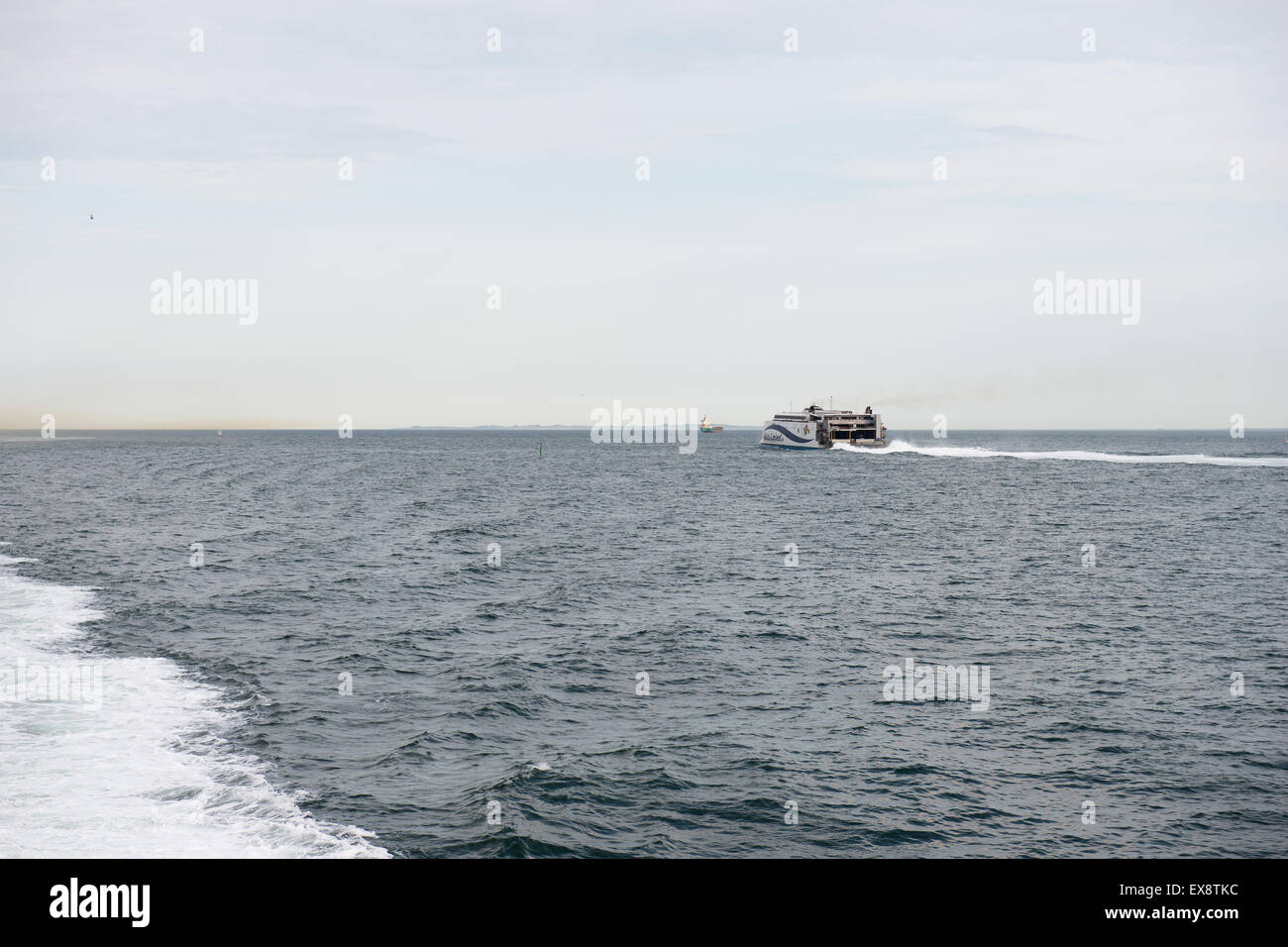 Mols-linien ferry on the sea running fast seen from the back Stock Photo
